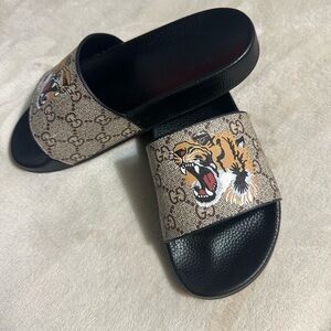 Gucci Black and Brown Tiger Motif Slides
